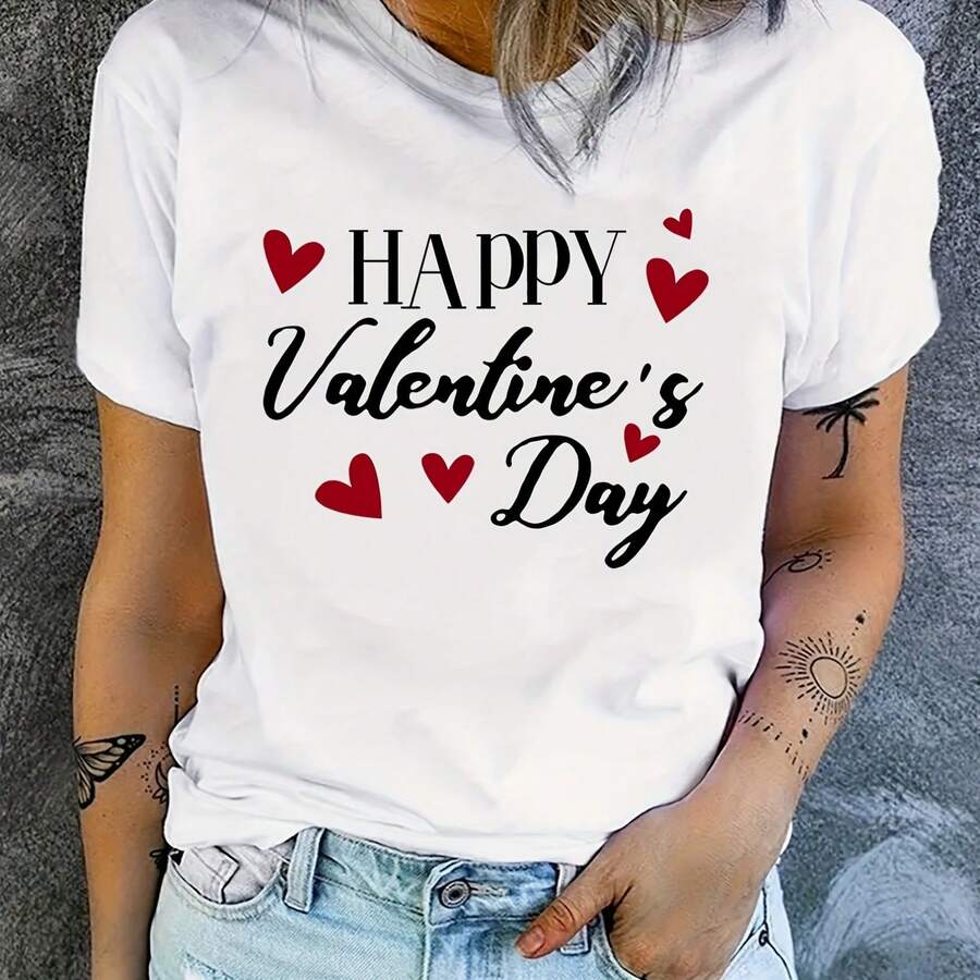 Womens Valentines Day Graphic T Shirt Black Short Sleeve Crew Neck Casual Top With Red Hearts Happy Valentines Day Text Machine Washable     Fit Valentines Day Gifts   Design220g Cotton Casual Graphic Lightweight Yet Durable Crew Neck Shirt For Beach Ts, Airplane Travel, Weekend Getaways, Or Road Adventures, Stylish And Comfortable Summer Outfit With Loose Fit For Maximum Comfort, Aesthetic Worthy Graphic For Photos And Reels - trắng - Xem 1