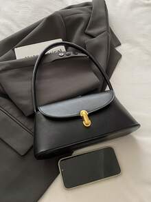 Bolso baguette de concha retro con decoración de cerradura de metal de cuero PU suave, bolso de hombro para mujer, nuevo bolso de mano para dama, bolso cuadrado pequeño - Negro - Ver 8
