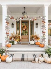 1 pieza Corona de otoño de arce y calabaza de 6 pies, corona colgante de arce blanco artificial con hojas de otoño, adecuada para decoración de interiores y exteriores, fiestas familiares, bodas, Halloween, Acción de Gracias, decoración de chimeneas, cenas de boda, duradera y reutilizable