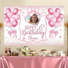 1pc Customized Glitter Pink Birthday Party Banner, Personalized With Name, Age And Photo, Designed With Balloons And Gift Box, Personalized Happy Birthday, Cake Table, Home, Outdoor, Garage Or Yard Decor - Multicolor - View 5