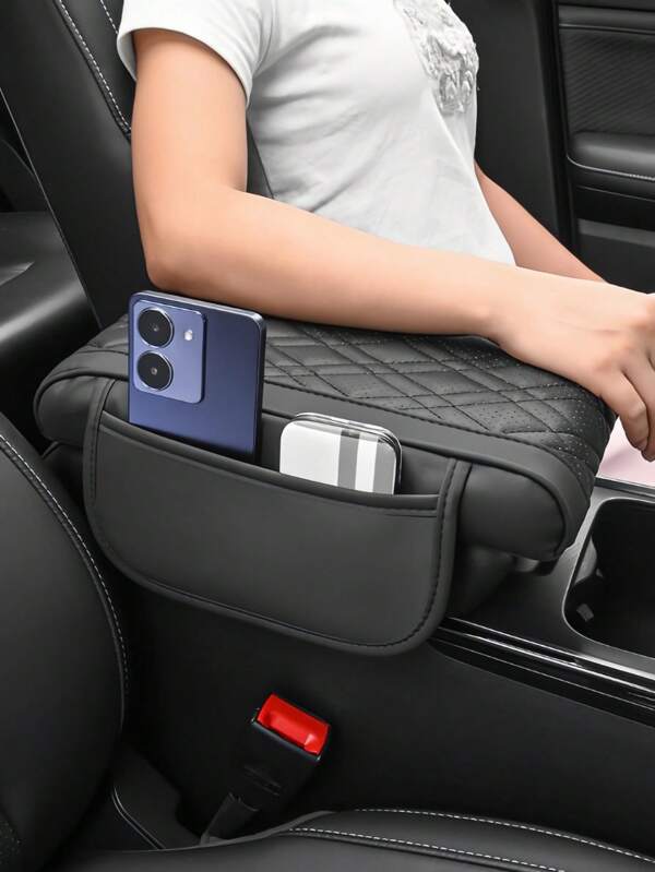 1 pieza Almohadilla elevadora con bolsa de almacenamiento lateral para apoyabrazos de automóvil, Funda de cojín de apoyabrazos de automóvil de PU con bolsillo de almacenamiento, Accesorios y decoraciones interiores para automóvil