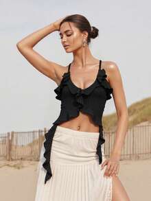 Mother's Day Independence Day Graduation Season Birthday Gift New Women's Strap Top, Strap Up Sleeveless Top, Backless Ruffle Solid Color Summer Tank Top, Suitable For Club Parties - 黑色 - 查看 1