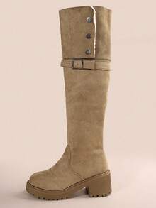 Fashion Reversible Fold-Over Thick Sole Knee-High Boots For Women, New Autumn/Winter Chunky Heel Riding Boots Fuzzy Boots