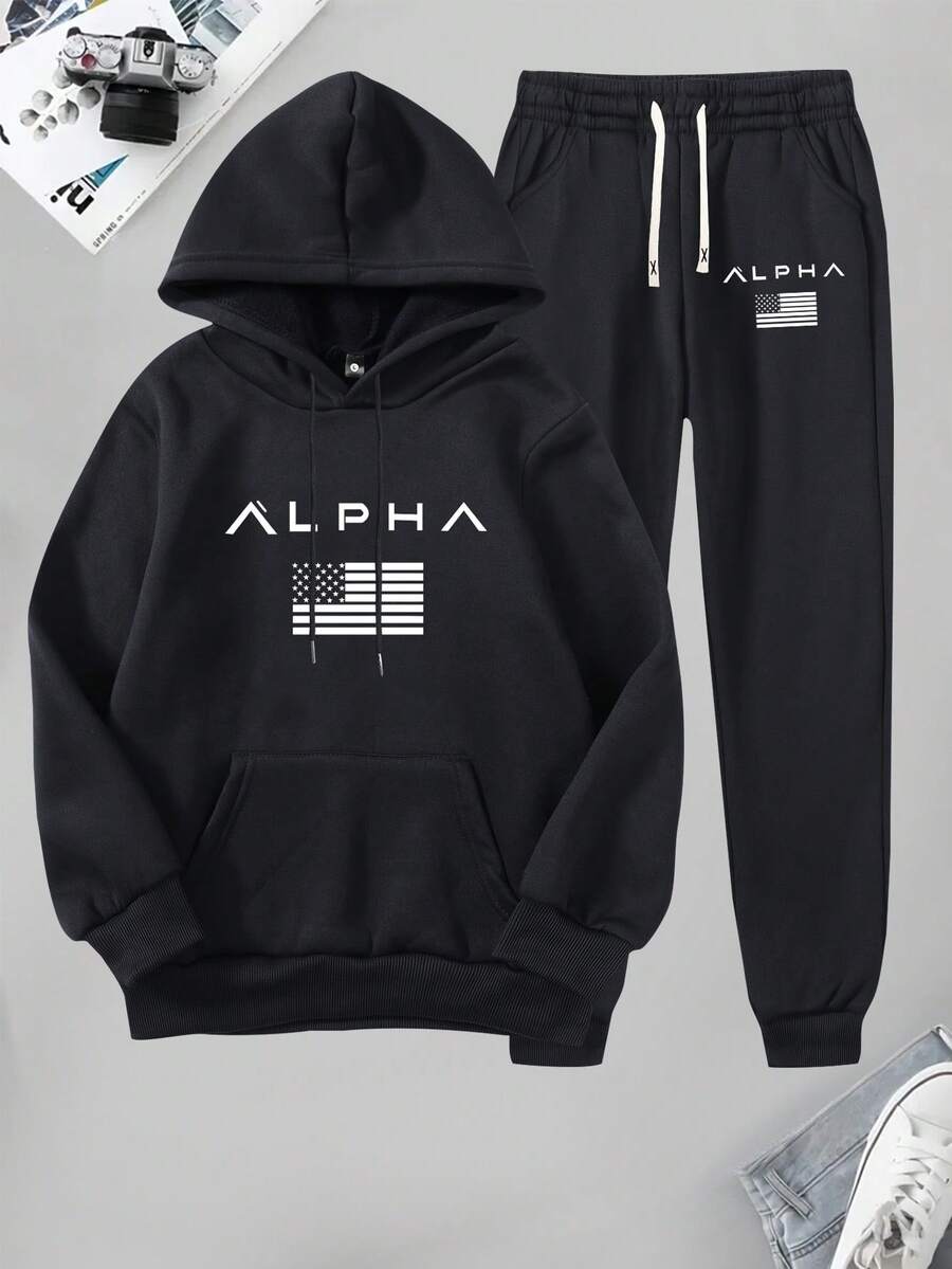 Men's Spring/Autumn Lightweight Regular Fit Hoodie & Sweatpants Set, Letter Print Pattern Fashion Casual Outdoor Wear, Pocket, Drawstring Waist Pants, 2 Pieces Suit - Very Suitable For Outdoor Activities, Travel And Relaxation, Great Gift For Husband, Boyfriend - Multicolor - View 1