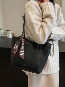 时尚纯色围巾装饰 PU 托特包，大容量通勤复古简约单肩包百搭手提包适合女性 - 黑色 - 查看 10