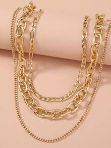 3 件套分层嘻哈风格女士项链，时尚、优雅、百搭，适合派对、海滩、日常休闲装、节日礼物（手工制作，误差 1-3 厘米） - 金黃色 - 查看 3