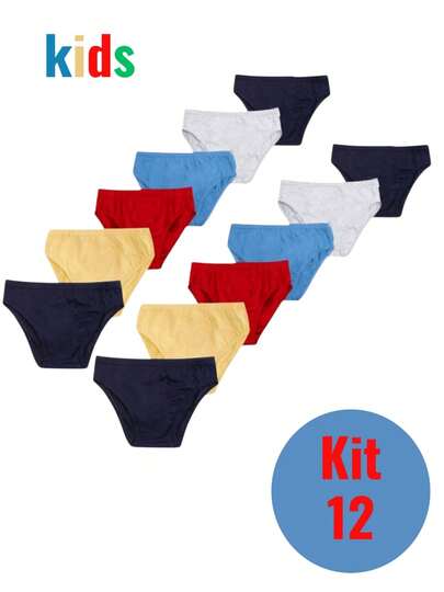 Kit 12 Cueca infantil de algodao slip com forro CORES SORTIDAS