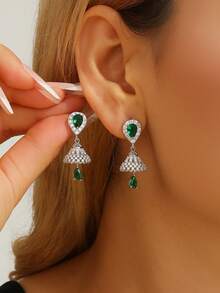 1 par de lujosos pendientes de cobre con forma de lágrima y circonita cúbica, un elegante y versátil jhumki con borlas, ideal para uso diario, festivales, bodas y fiestas. Ideal como regalo de joyería. - multicolor - Ver 3