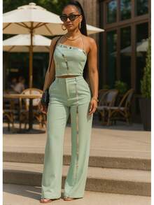 CHRISTINE PANTS SET   Casual    Pocket  Zipper  Button    Office - 聖人 - 查看 2