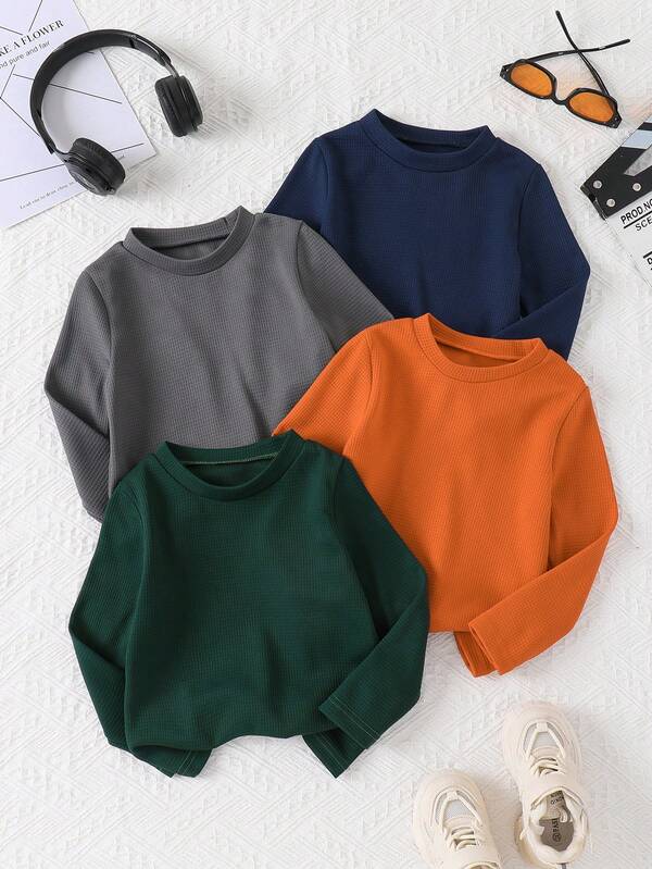 Set da 4 pezzi di magliette a girocollo a maniche lunghe e tinta unita in maglia waffle, per bambini/bambini piccoli, casual, adatte dai 3 ai 7 anni, ideali per la scuola e le attività all'aperto