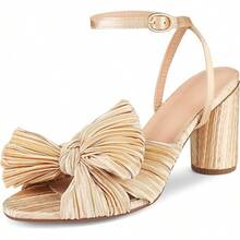 Womens Heeled Sandals Pleated Bow Knot Ankle Strap Open Toe High Block Chunky Heels Sandals Bridal Wedding Dress Shoes Pumps - A金(3.14吋) - 查看 4