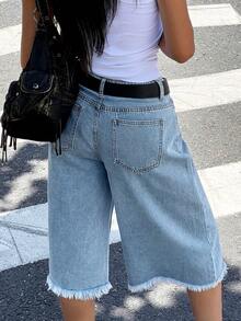 Women's Distressed Asymmetrical Hem Capri Denim Jeans Casual Summer - Light Wash - View 7