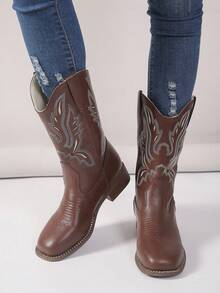 女士时尚方头刺绣套穿舒适西部靴，加大码及膝靴，秋冬款