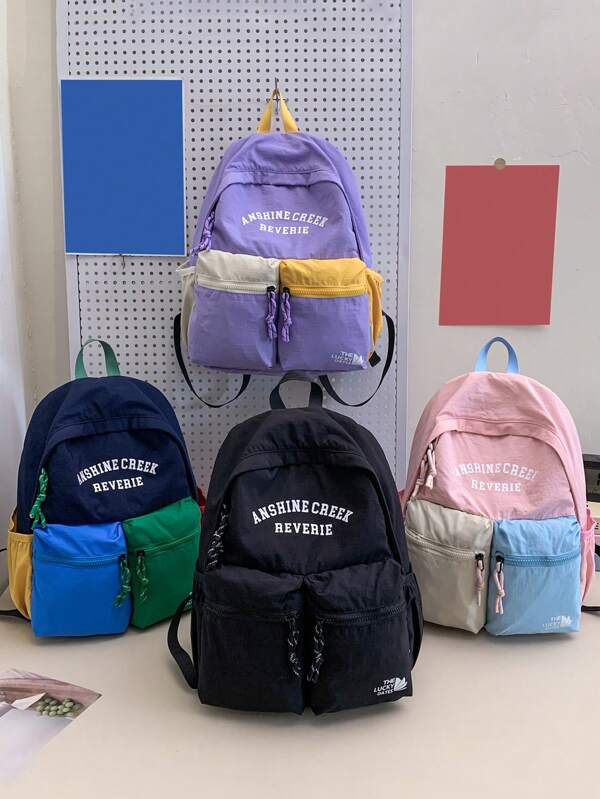 1 Pc Contrast Color Splicing Campus Big Children Backpack For Student Schoolbag Letter Storage Backpack Maiden Travel Backpack Lightweight Portable Closure Zipper With Multi Pockets Large Capacity Adjustable Strap For Travel Vacation Outdoor Back To School Fashion Nylon College Style Double Zipper Pocket Design Casual Backpack For Student Boy Girl Middle School Students Travel Accessories School Bags For Girls School Bag For Teens