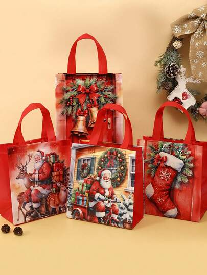 4 件圣诞礼品袋，圣诞老人姜饼人圣诞派对礼物无纺布手提袋，圣诞礼品包装用品，圣诞家居装饰 2025 年圣诞礼物 2026 年新年包装袋
