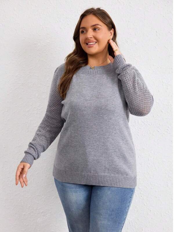 Einfarbiger Pullover für Damen in Große Größen, gerippte Cut Out gestrickte Bluse, für Herbst/Winter
