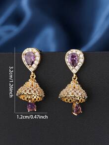 1 par de lujosos pendientes de cobre con forma de lágrima y circonita cúbica, un elegante y versátil jhumki con borlas, ideal para uso diario, festivales, bodas y fiestas. Ideal como regalo de joyería. - multicolor - Ver 6