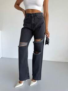 Damen hohe Taille Knie Laser Destroyed Weite Hose, einfarbige Hosentaschen mit Reißverschluss