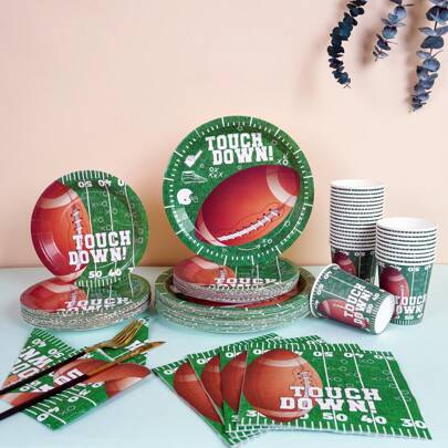 68/10/Set, Rugby Themed Party Supplies, Disposable Party Plates, Party Paper Plates. Includes 7-Inch Plates, 9-Inch Plates, Paper Cups, And Tissue Sets. Suitable For 16 People, Picnic Supplies, Birthday Parties, Camping, Decoration, And Celebration Events. Party Gifts, Bridal Showers, Restaurant Decorations, Kitchen Utensils, Clubs, Leagues