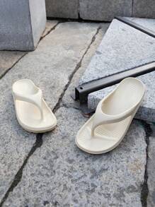 男女款休闲纯色柔软舒适人字拖，适合户外、海滩、度假、四季 - 米色 - 查看 5