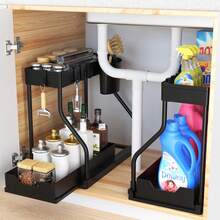 1pc Under Sink Organizers Black/White, 2 Tier Large Capacity Pull Out Kitchen & Bathroom Under Sink Drawer Organizer Space Saving, Black Storage Solution,Double Layer L Shaped Sliding Storage Organizer, Multi Functional Bathroom Caddy For Cosmetic, Cleaning Supplies, Great For Bathroom, Kitchen, Vanity Bathroom Accessories - Black - View 2