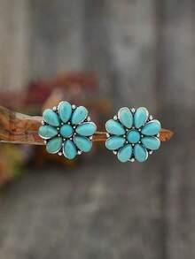 Cross-Border Vintage Western Style Turquoise Earrings, New Alloy Ear Studs With Turquoise Flower Design, Popular In Europe And America Valentines,Mom,Mother,Mother's Day,Gift - Silver - View 7
