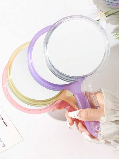 1pc Double-Sided Handheld Mirror/Magnifying Transparent Student Makeup Mirror/Portable Personal Beauty Mirror/Small Plastic Transparent Handle Double-Sided Mirror/One Side Flat Mirror One Side Magnifying Glass Compact Double-Sided Mirror