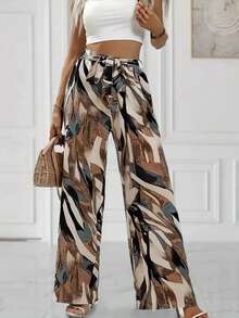 Women's Printed High Waist Wide Leg Pants - 棕色 - 查看 5
