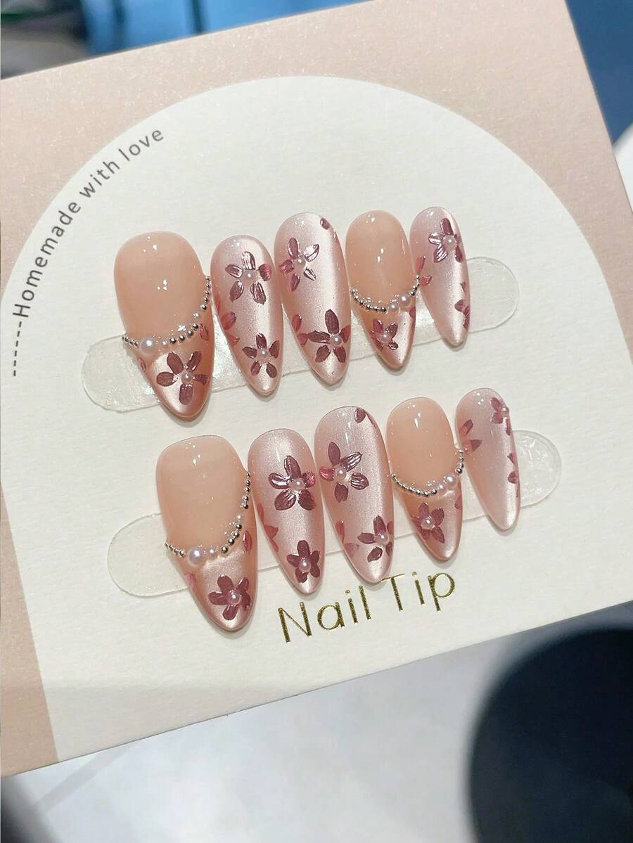 优雅浪漫，10 件短杏仁手工按压指甲套装，粉色全覆盖假指甲，繁花似锦，可拆卸和重复使用，包含 1 件果冻胶和 1 个指甲锉，适合女士和女孩，日常、办公室、情人节礼物。美甲用品 - 粉色 - 查看 1