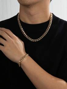 2 Stücke goldfarbenes Klobiges Metallkettenglieder Halsketten- und Armband Set, polierte Oberfläche, stilvolles minimalistisches Design, geeignet für Herren Freizeitkleidung oder als Geschenk