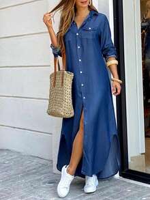 2025 New Women's Front Button Flip Cover Patch Bag Pants Shirt Skirt, Fashionable And Casual Thin Long Skirt, Summer Outfits For Women - 藍色 - 查看 1