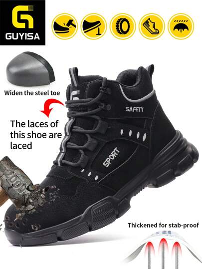 GUYISA Veiligheidsschoenen met stalen neus, anti-knal, anti-doorprik, slimme draaigesp, aan-/uittrekken in één seconde, hoge schoenen, geschikt voor alle seizoenen, rubberen zool, mijnbouw- en bouwlaarzen, modieuze hoge veiligheidsschoenen voor heren (dit is de CN-maat, internationale maten verschillen, dit model valt groot, kies een maat kleiner!)