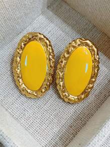 1 par de aretes de mujer con diseño geométrico ovalado de esmalte amarillo, pendientes minimalistas y elegantes para fiesta, boda, banquete, viaje, regalo de joyería