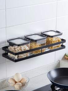 Large Kitchen Spice Jar Storage Rack In Black, Made Of Iron. No Drilling Required, Wall Mounted For Easy Installation. Attach The Adhesive Hooks To The Wall And Hang The Rack. The Rack Has Guard Rails To Store Spice Jars Efficiently And Prevent Them From Falling. - Black - View 4