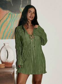 Vestido Curto Feminino de Tricô com Nó na Cintura, Babado na Barra e Cor Sólida, Adequado para Festa, Encontros, Praia, Uso Diário, Casa, Jardim, Estilo de Rua, Primavera, Outono, Inverno