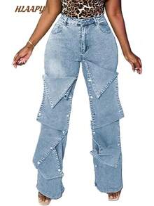 Women Cargo Jeans High Waisted Straight Wide Leg Jeans Pants Button Detachable Denim Cargo Trousers - 01天藍色 - 查看 1