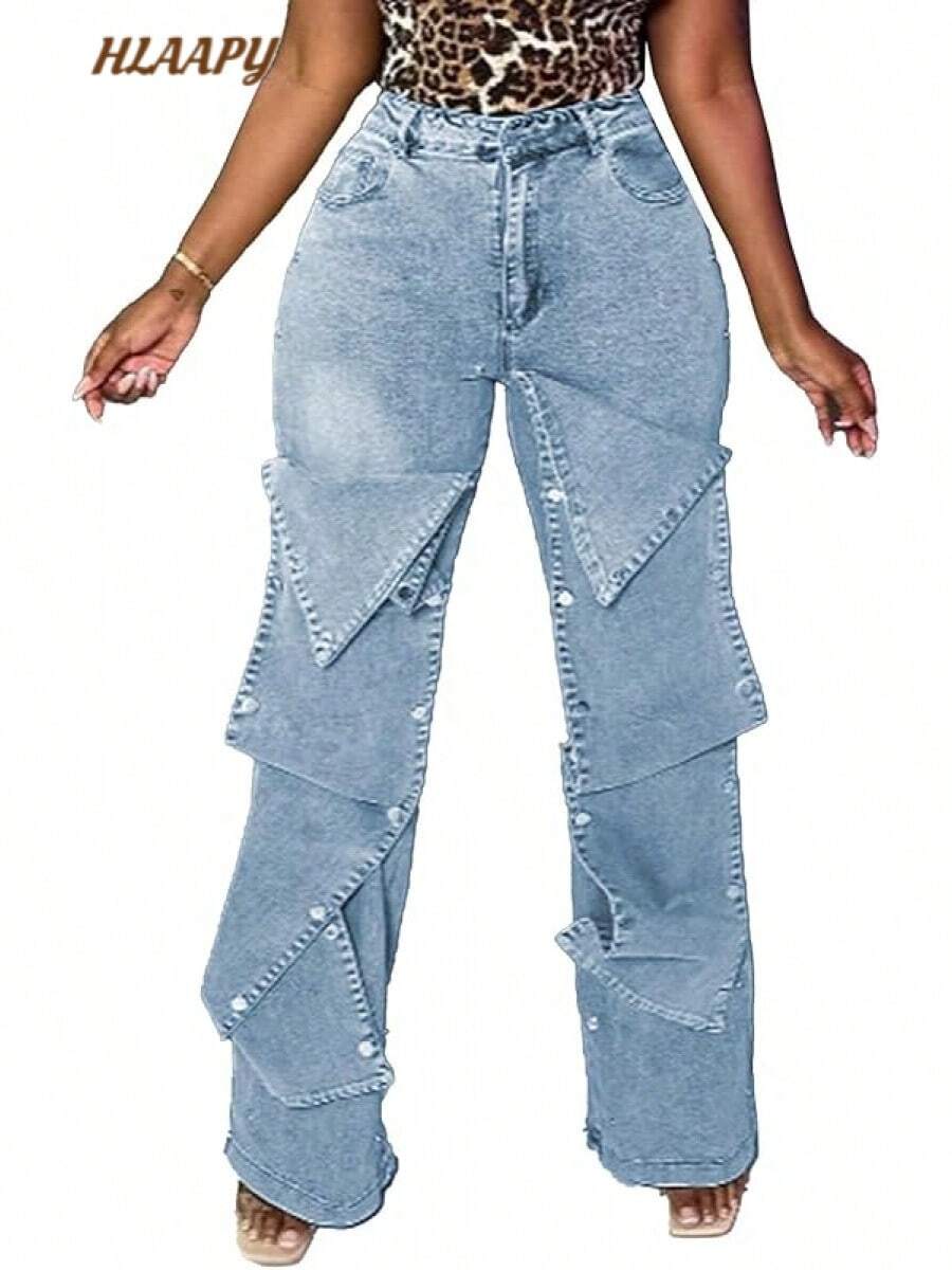 Women Cargo Jeans High Waisted Straight Wide Leg Jeans Pants Button Detachable Denim Cargo Trousers - 01天藍色 - 查看 1