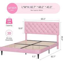 Upholstered Bed Frame With Headboard, Linen Fabric Bed Frame With Button Tufted Headboard, No Box Spring Needed, Easy Assembly, Twin/ Full/ Queen/ King, Beige/ Pink/ Dark Grey/ Grey/ Blue/ Cream/ Black - 粉色 - 查看 8