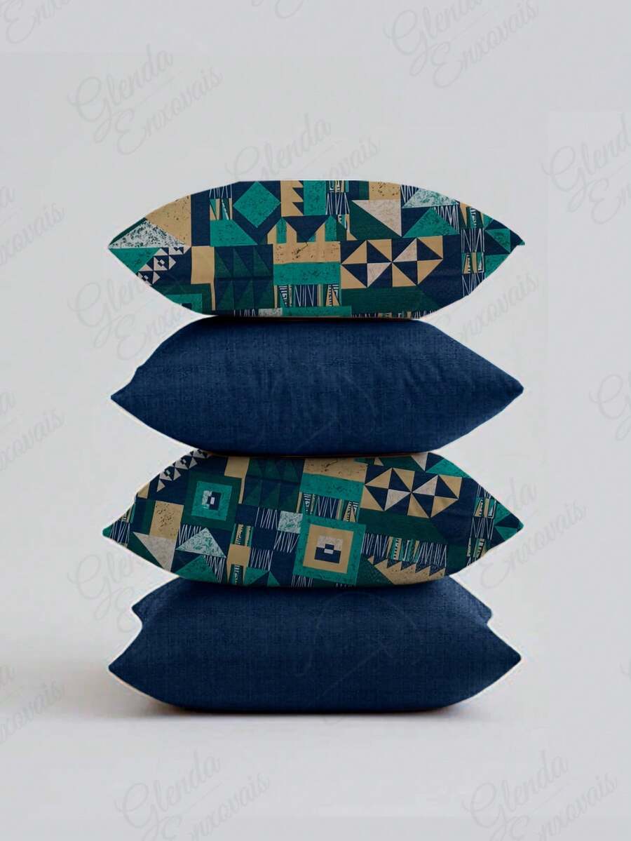 (4 Units) 45x45 Pillow Covers – 2 Plain And 2 Printed – Assorted Colors – AL - Blue-blue Geometric - View 1