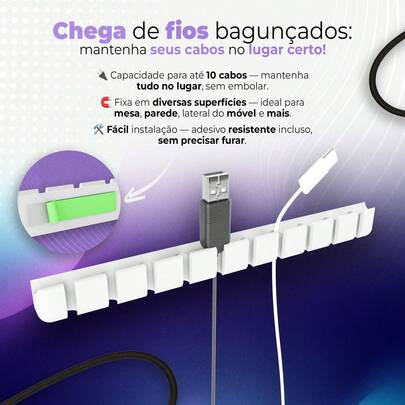 Suporte Organizador de Cabos USB para Mesa ou Parede – Até 10 Cabos