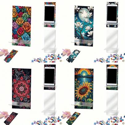 1 pieza Kit de pintura de diamantes acrílicos para mujer - Pintura de cristal 5D por números, diseños de flor de jazmín, girasol, mandala, rosa, soporte multifuncional para teléfono y espejo, regalo creativo de manualidades DIY