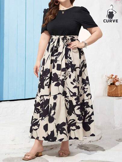 Vestidos de Tallas Grandes Estampado para Mujer, Vestidos Curvilínea Casual, Vestidos de Manga Corta con Cuello Redondo Estilo Boho para Dama, Tejido Suave Transpirable Y Seco, Cómodo De Llevar, Adecuado para Vacaciones En La Playa, Vacaciones Casuales Y Ocasiones de Fiesta de Carnaval