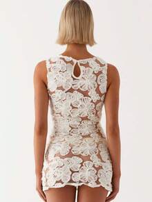 Women See Through Floral Lace Bodycon Mini Dress Crew Neck Sleeveless Cocktail Party Club Dress - Blanco - Ver 5