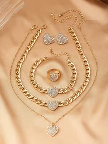 6pcs/Set Elegant Metal Gold Heart Rhinestone Pendant Necklace, Bracelet, Ring, Earrings Jewelry Set For Women, Versatile For Daily Wear & Festivals - Yellow Gold - View 6