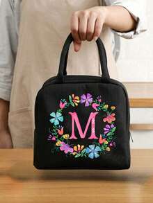 1pc Insulated Bag, Insulated Lunch Bag, With Colored Floral Initials A-Z, School Refrigerated Box, Handbag, Lunch Box, Ice Pack, Picnic Food Handbag, Floral Letter Patterned Lunch Box, Canvas Lightweight Portable Lunch Storage Bag, School Office Picnic Lunch Tote Bag (Black) Lunch Bag For Women Cooler Bag - Black - View 3