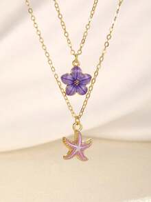 2pcs/Set Delicate & Fashionable Sweet 5-Petal Flower & Starfish Pendant Necklace, Suitable For Girls Wear To Beach, Party, Travel, Daily Occasions In Summer - Multicolor - View 5