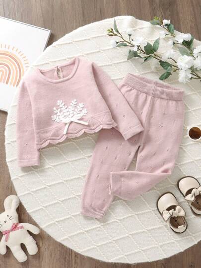 Conjunto de suéter rosa para bebê menina, 2 peças, gola redonda, manga comprida, flor bordada em 3D e laço, combinado com shorts casuais