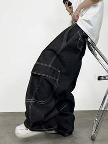 1 Stück amerikanischer Streetwear Stil Patchwork Herren Weite Bein Jeans, lässige weite lange Hose für Ausflüge (ohne Gürtel & Zubehör)