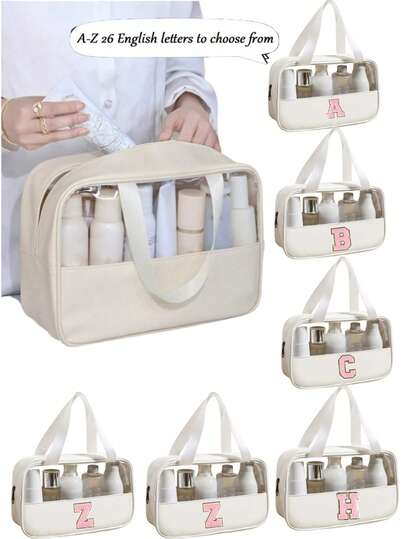 1 pieza Bolsa de tocador multifuncional de PVC, organizador de maquillaje de viaje, bolsa de cosméticos portátil y conveniente con letra personalizable, bolsa de almacenamiento impermeable, bolsa de maquillaje de gran capacidad, soporte para brochas, estuche para perfumes, estilo minimalista, adecuado para cuidado de la piel, maquillaje, brochas de maquillaje, polvos, lápices labiales, excelente para la playa, la escuela, el baño, vacaciones, San Valentín, Navidad, regalos del Día de la Madre para madres, familiares y amigos, esencial de verano