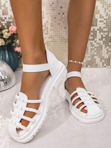 欧美风格厚底凉鞋，带钩环扣，黑色厚底系带中跟休闲运动步行凉鞋，夏季厚底软底百搭坡跟拖鞋，适合女士 - 白色 - 查看 4